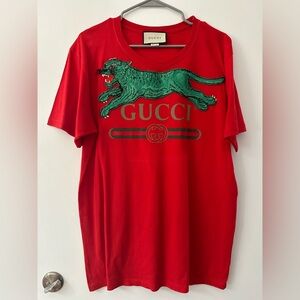 Gucci Red Tee with Green Embroidery